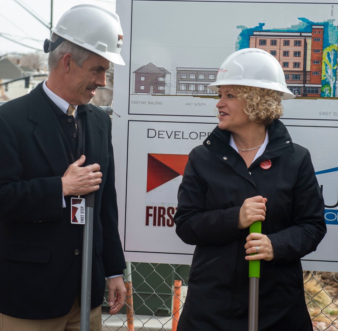 (Rick Egan  |  The Salt Lake Tribune)    Shawn McMillan, Executive Director of First Step House,  joins Salt Lake City Mayor Jackie Biskupski for the ground breaking ceremony for the latest phase of the First Step House Recovery Campus, at 440 South 500 East in Salt Lake City. Friday, March 1, 2019.