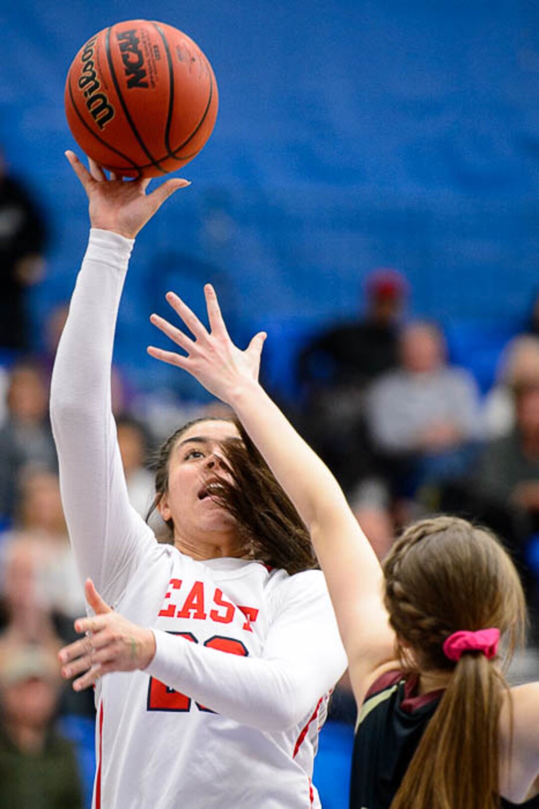 (Trent Nelson | The Salt Lake Tribune)  East's Liana Kaitu'u (23) shoots as East faces Viewmont in the 5A High School Girls' Basketball Tournament at SLCC in Taylorsville, Wednesday Feb. 21, 2018.