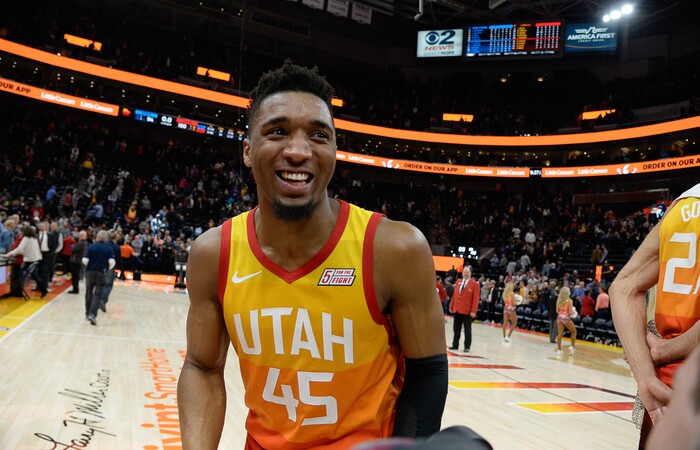 (Francisco Kjolseth  |  The Salt Lake Tribune)  Utah Jazz guard Donovan Mitchell (45) celebrates his team's 100-94 win over the Piston's in their NBA game at Vivint Smart Home Arena Monday, Jan. 14, 2019, in Salt Lake City.