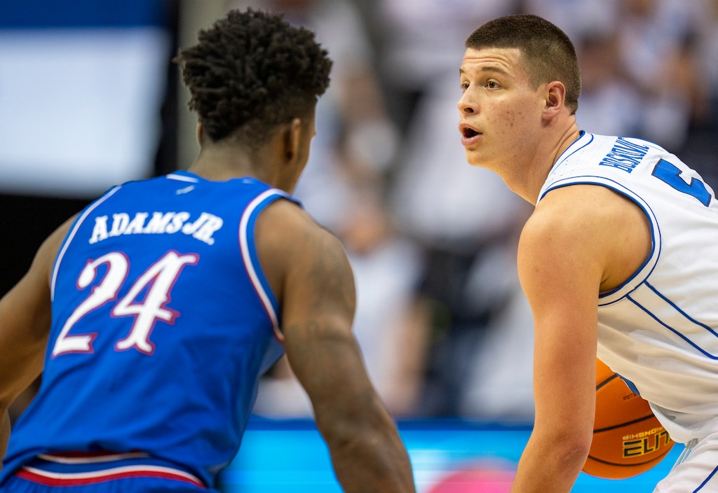 (Rick Egan | The Salt Lake Tribune)
Kansas Jayhawks forward KJ Adams Jr. (24) guards Brigham Young Cougars forward Mihailo Boskovic (5), in Big 12 basketball action between the Brigham Young Cougars and the Kansas Jayhawks, at the Marriott Center, in Provo, on Tuesday, Feb 18, 2025.
