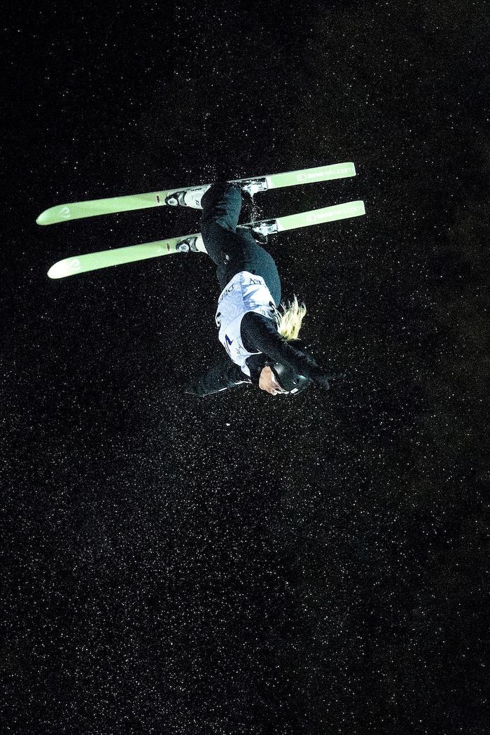 (Chris Detrick  |  The Salt Lake Tribune)  USA's Madison Varmette (30) competes in the Ladies' Aerial Finals during the FIS Visa Freestyle International Ski World Cup at Deer Valley Resort Friday, January 12, 2018.  Varmette finished in sixth place with a score of 71.92.
