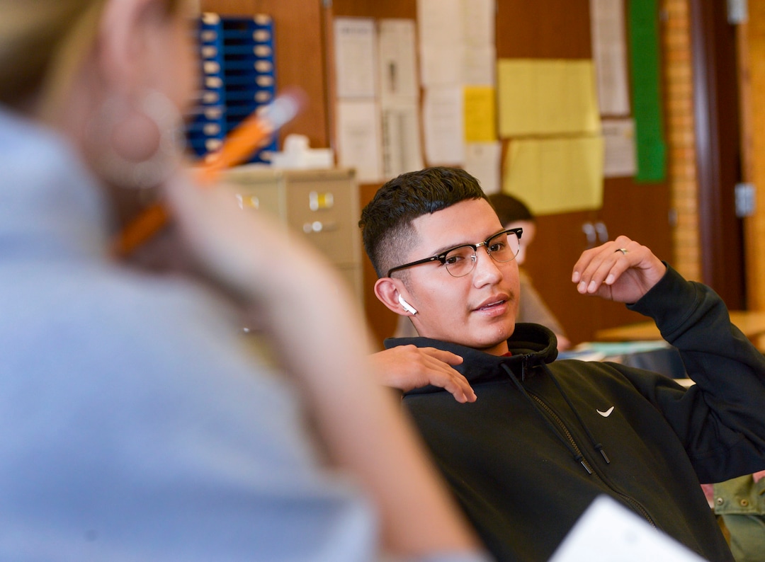 (Leah Hogsten  |  The Salt Lake Tribune) Kayden Vetsuie gets help coming up with a story idea for The Cougar Claw from journalism instructor Kathryn Wilkins. The student newspaper at Kearns High School, The Cougar Claw, is working to become the community newspaper for Kearns.
