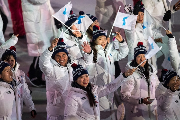 (Chris Detrick  |  The Salt Lake Tribune)  Athletes in the Korean delegation are introduced during the Pyeongchang 2018 Winter Olympics opening ceremony at Olympic Stadium Friday, February 9, 2018.  