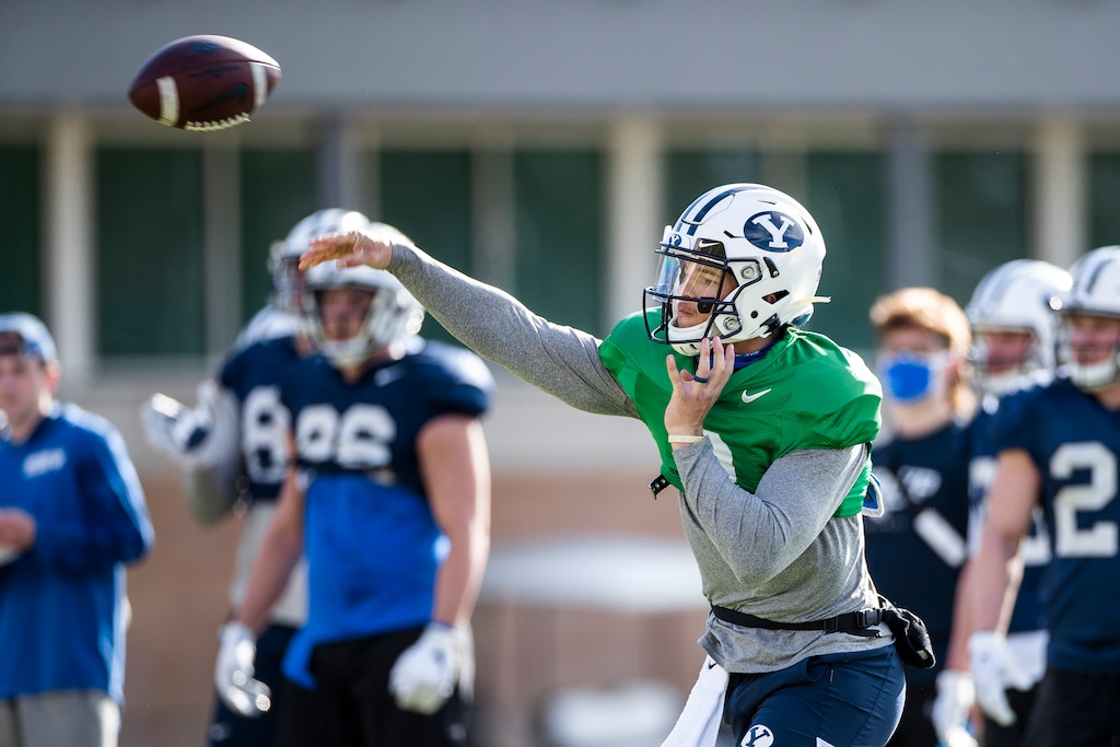(Tyler Richardson | BYU) Quarterback Jaren Hall won the Cougars' starting job, beating out Baylor Romney for the title of QB1.