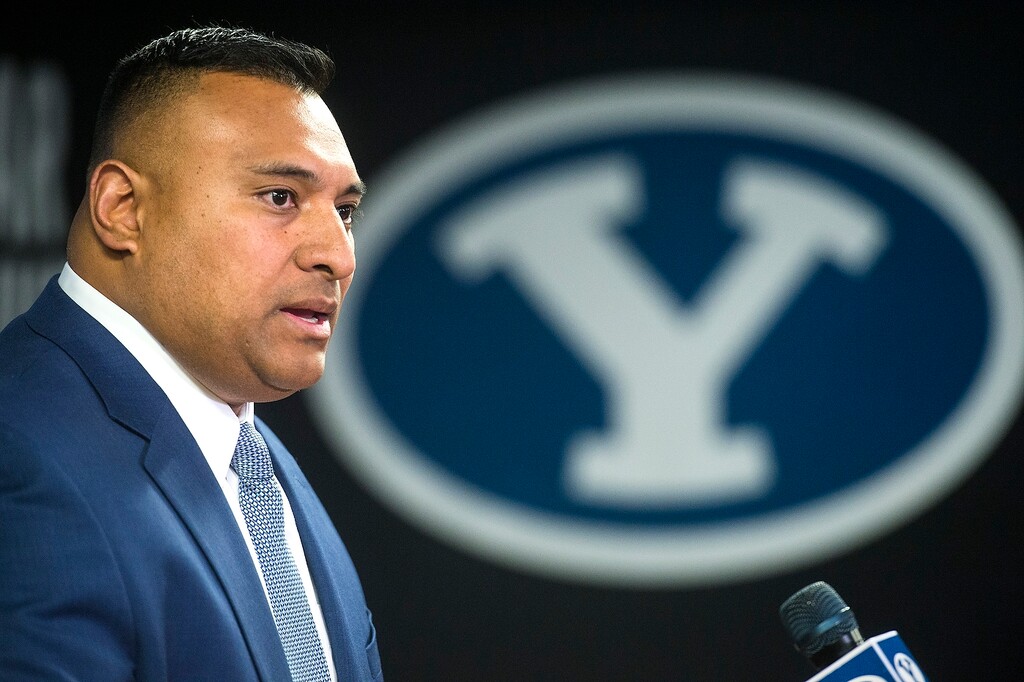 (Chris Detrick  |  The Salt Lake Tribune)  BYU head coach Kalani Sitake speaks during a press conference at LaVell Edwards Stadium Saturday, December 16, 2017.  