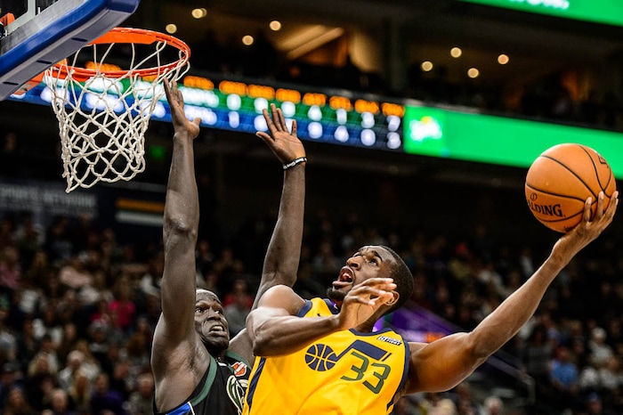 (Trent Nelson | The Salt Lake Tribune)  Utah Jazz center Ekpe Udoh (33) shoots the ball as the Utah Jazz host the Milwaukee Bucks, NBA basketball in Salt Lake City Saturday November 25, 2017.