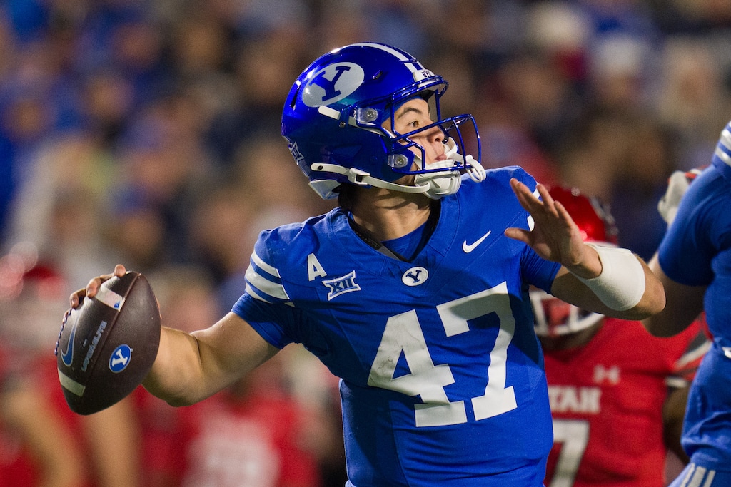 (Trent Nelson | The Salt Lake Tribune) BYU Cougars quarterback Bear Bachmeier (47) as BYU hosts Utah, NCAA football at LaVell Edwards Stadium in Provo on Saturday, Oct. 18, 2025.