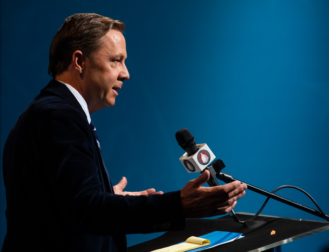 (Rick Egan  |  The Salt Lake Tribune)    Kael Weston (D) answers questions from the media after the 2nd Congressional District debate between J. Robert Latham (L), Chris Stewart (R) and Kael Weston (D), at KSL Studio in Salt Lake City, on Monday, October 19, 2020