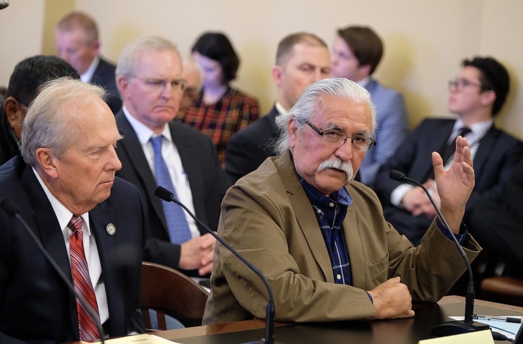 (Francisco Kjolseth  |  The Salt Lake Tribune)  Utah Navajo Dine Bikeyah member Willie Grayeyes speaks in opposition to HB136, sponsored by Rep. Mike Noel, R-Kanab, at left, which muzzles city and local officials from speaking out on public-lands protections during the House Natural Resources, Agriculture, and Environment Standing Committee at the Capitol on Tuesday, Feb. 6, 2018.