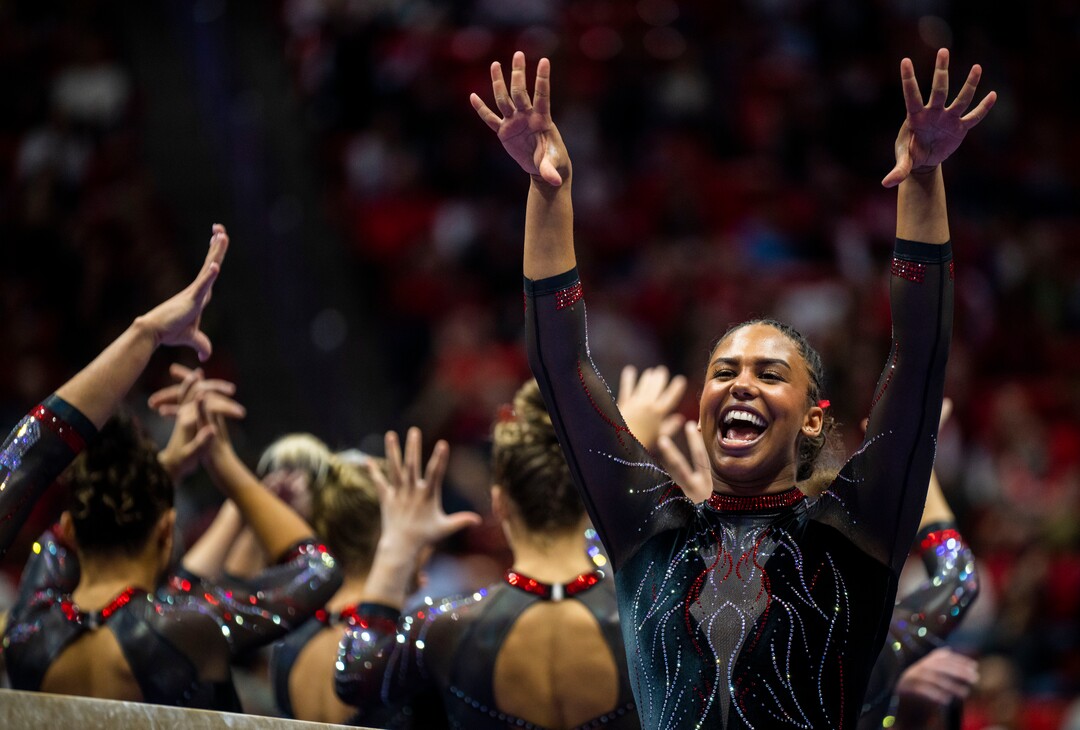 (Rick Egan | The Salt Lake Tribune)  Jaedyn reacts after Grace McCallum's performance on the beam, in gymnastics action between Utah Red Rocks and Oregon State, at the Jon M. Huntsman Center, on Friday, Feb. 2, 2024.