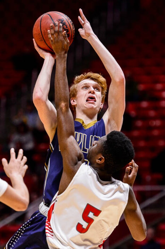 (Trent Nelson | The Salt Lake Tribune)  Skyline vs. Bountiful, 5A State high school basketball tournament at the Huntsman Center in Salt Lake City, Wednesday Feb. 28, 2018. Skyline's Andrew Clark (24) shoots over Bountiful's Jaxon Wood (5).