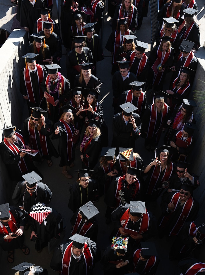 (Francisco Kjolseth  |  The Salt Lake Tribune)  University of Utah in Salt Lake City begins their celebration of its largest graduating class with 8,568 graduates for their 2018 commencement ceremonies on Thursday, May 3, 2018, on their way to the Jon M. Huntsman Center.