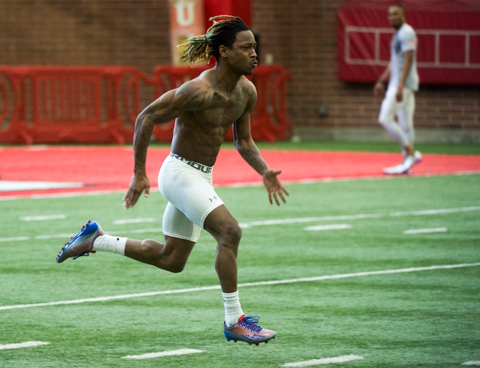 (Rick Egan  |  The Salt Lake Tribune)      Boobie Hobbs runs the h40-yard-dash, during University of Utah's 2018 Pro Day for NFL scouts, at Spence Eccles Field House, Wednesday, March 28, 2018.