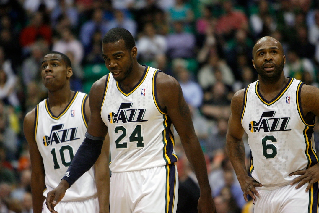 Chris Detrick  |  The Salt Lake TribuneUtah Jazz point guard Alec Burks (10) Utah Jazz power forward Paul Millsap (24) and Utah Jazz point guard Jamaal Tinsley (6) walk off of the court during the first half of the game at EnergySolutions Arena Friday April 12, 2013. Minnesota Timberwolves are winning the game 54-53 at halftime.