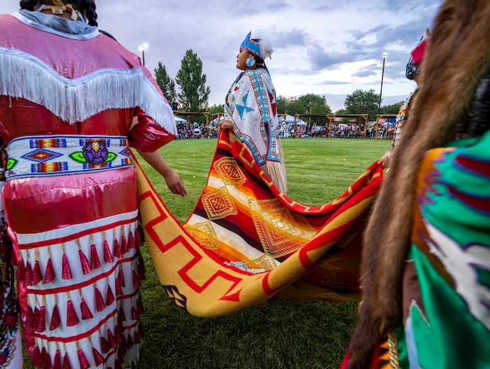 (Leah Hogsten | The Salt Lake Tribune Shoshone-Paiute 4th of July Queen Taina Pinnecoose and fellow members of royalty collect donations for the family of a Paiute Indian Tribe of Utah member who died due to complications of the coronavirus at the 41st Annual Paiute Indian Tribe of Utah Restoration Gathering, Aug. 13, 2021 in Cedar City, Utah.