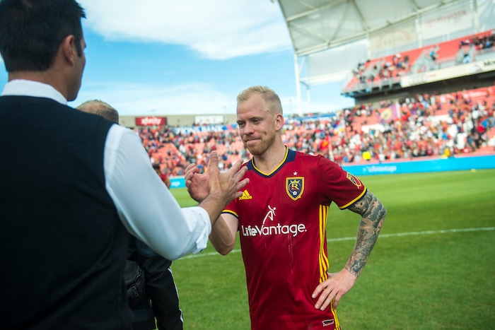 (Chris Detrick  |  The Salt Lake Tribune)  Real Salt Lake midfielder Luke Mulholland (19) and Real Salt Lake Head Coach Mike Petke after the game at Rio Tinto Stadium Sunday, October 22, 2017.  