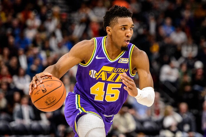 (Trent Nelson | The Salt Lake Tribune)  
Utah Jazz guard Donovan Mitchell (45). The Utah Jazz host the Houston Rockets, NBA basketball in Salt Lake City on Thursday Dec. 6, 2018.