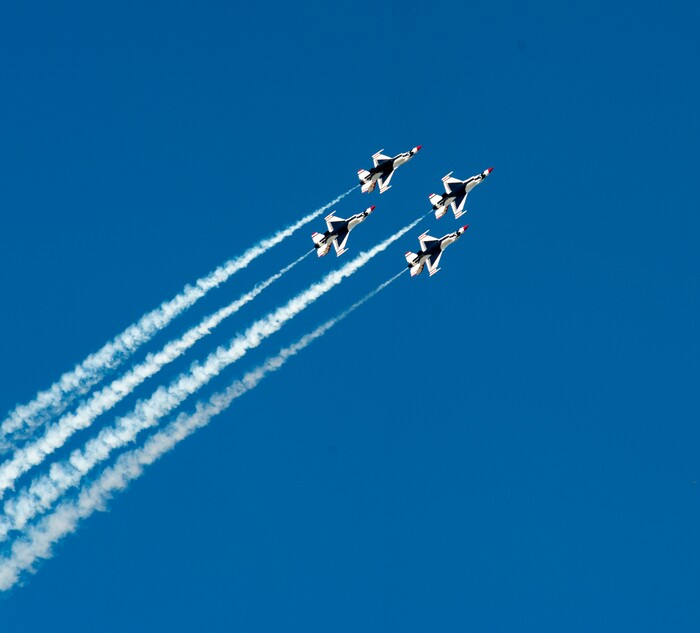 (Rick Egan  |  The Salt Lake Tribune)    The U.S.A.F. Thunderbirds perform at the Warriors Over the Wasatch airshow at Hill Airforce Base, Sunday, June 24, 2018.