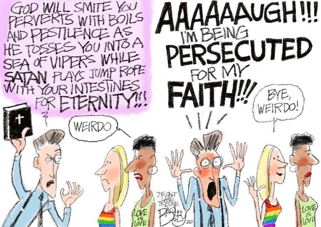 (Pat Bagley | The Salt Lake Tribune) This cartoon, titled "The Persecution Game," appears in The Salt Lake Tribune on Thursday, Oct. 15, 2020.