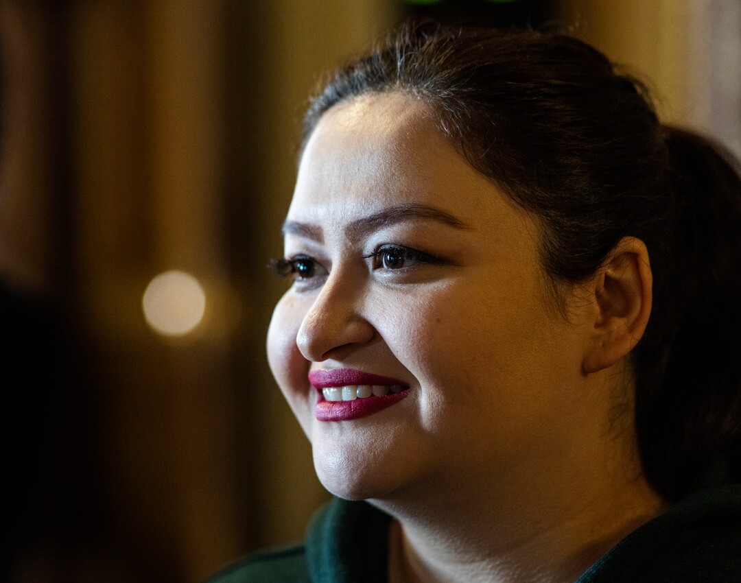 (Rick Egan | The Salt Lake Tribune)  Afghan refugee Saida Emami talks to reporters in the gold Room at the State Capitol during a news conference for "Afghan Day on the Hill" on Wednesday, Feb. 23, 2022.