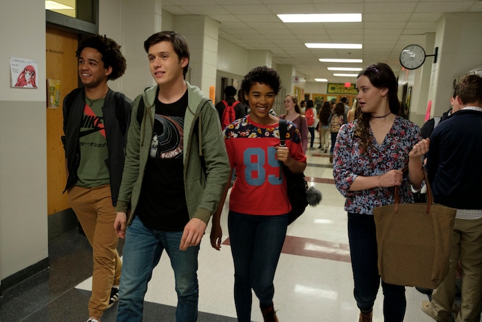 This image released by Twentieth Century Fox shows Jorge Lendeborg, Nick Robinson, Alexandra Shipp and Katherine Langford in "Love, Simon." (Ben Rothstein/Twentieth Century Fox via AP)