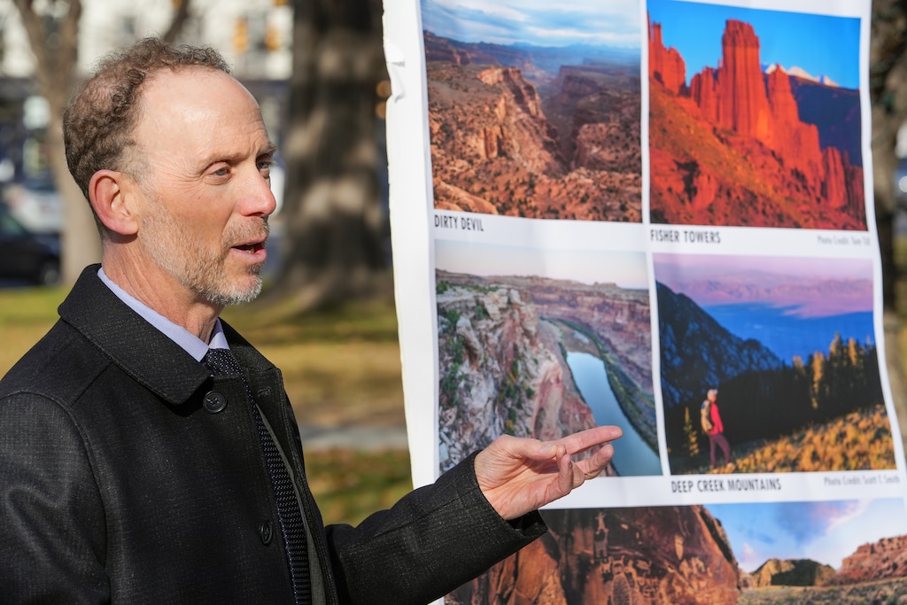 (Chris Samuels | The Salt Lake Tribune) Southern Utah Wilderness Alliance legal director Steve Bloch leads a news conference in Salt Lake City, Wednesday, Dec. 18, 2024. SUWA is filing a lawsuit in Third District Court seeking to challenge the transfer of ownership of federal lands to the state of Utah.