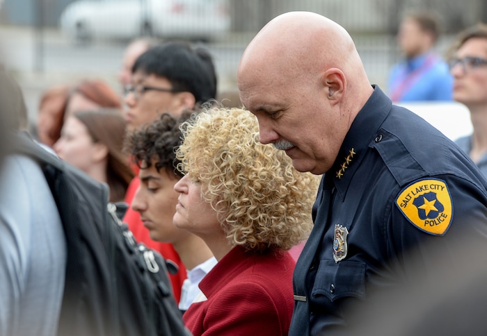 (Francisco Kjolseth  |  The Salt Lake Tribune)  Mayor Jackie Biskupski and Police Chief Mike Brown attend the West High School student walkout on Wed. March 14, 2018. Students in Utah and around the country planned the large-scale coordinated demonstration to protest gun violence and memorialize victims of last month's mass shooting at Marjory Stoneman Douglas High School in Parkland, Fla.