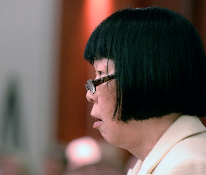 (Al Hartmann  |  The Salt Lake Tribune)       
Prosecuting attorney Chou Chou Collins follows proceedings in 3rd District Judge James Blanch's courtroom for a three-day sentencing hearing Monday August 28 in Salt Lake City for Craig Crawford.  Crawford has admitted that he trapped his 72-year-old estranged husband, well-known restaurateur John Williams, inside his home and then set it ablaze last year.
He pleaded guilty in June to first-degree felony counts of aggravated murder and aggravated arson.
The judge will decide whether Crawford will serve life in prison with or without the possibility of parole.