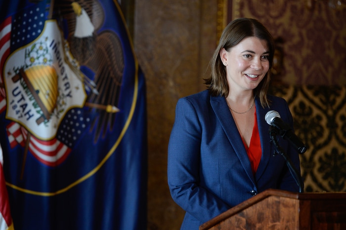 (Francisco Kjolseth  |  The Salt Lake Tribune)  Third District Judge Paige Petersen is appointed by Gov. Gary Herbert to the Utah Supreme Court during an announcement in the Gold Room of the Utah Capitol on Tuesday, Nov. 31, 2017. If confirmed by the state senate, Petersen will take the place of Christine Durham, who is the only female justice on the Utah Supreme Court.
