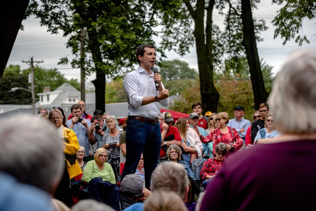 (Hilary Swift | The New York Times) Mayor Pete Buttigieg of South Bend, Ind., a Democratic candidate for president, campaigns in Webster City, Iowa, on Sept. 22, 2019. Trailing in the money race, tripped up by their own missteps and perceived by some as less electable, nonwhite candidates for the Democratic presidential nomination find themselves well back of the leaders.