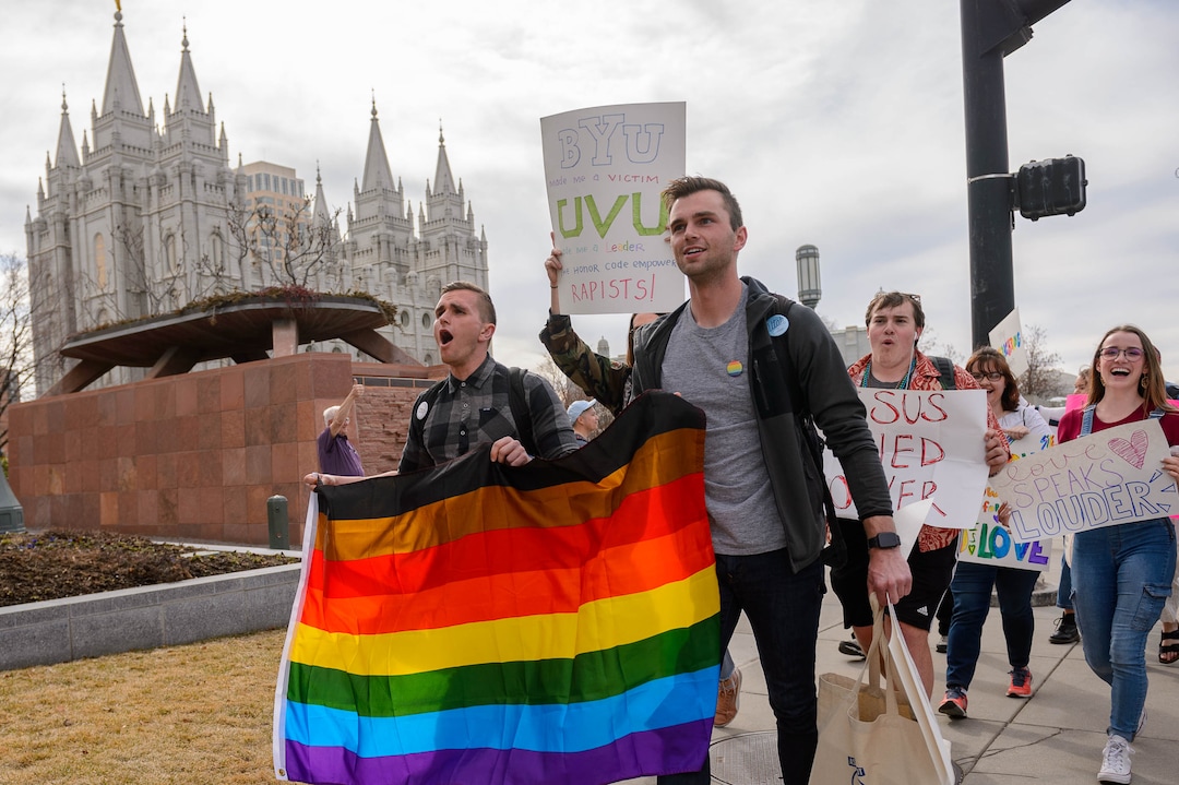 (Trent Nelson  |  The Salt Lake Tribune) A demonstration about BYU's changing position on “romantic behavior” by same-sex couples, in Salt Lake City on Friday, March 6, 2020.
