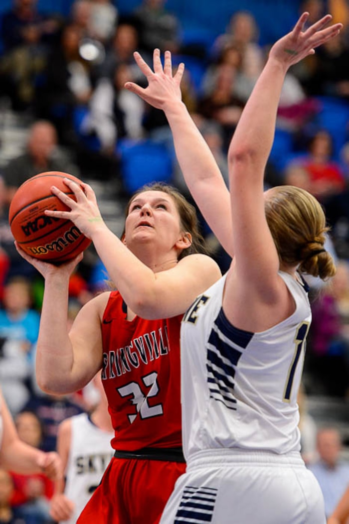 (Trent Nelson | The Salt Lake Tribune)  Springville's Sierra Davis (32) shoots as Skyline faces Springville in the 5A High School Girls' Basketball Tournament at SLCC in Taylorsville, Wednesday Feb. 21, 2018.