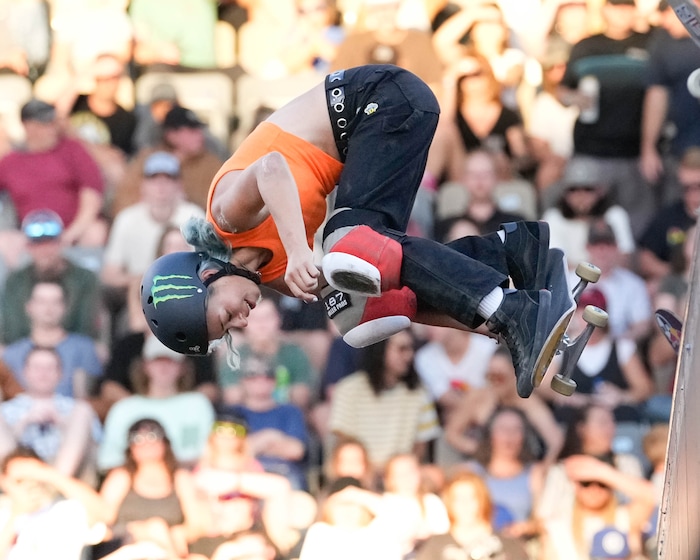 (Francisco Kjolseth | The Salt Lake Tribune) Professional skater Lizzie Armanto puts on a show during the “Legends Demo” as part of Tony Hawk’s Vert Alert, a big-air skateboarding competition at the Utah Sate Fairpark on Friday, Aug. 26, 2022. 