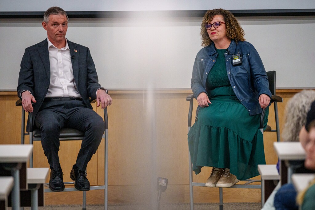 (Trent Nelson | The Salt Lake Tribune) U.S. Reps. Mike Kennedy and Celeste Maloy listen during a joint town hall in Salt Lake City on Thursday, March 20, 2025.
