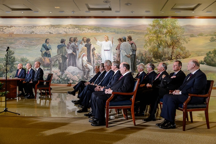 (Trent Nelson | The Salt Lake Tribune) Russell M. Nelson, second from right, at a news conference announcing his church presidency in the lobby of the Church Office Building in Salt Lake City, Tuesday January 16, 2018.