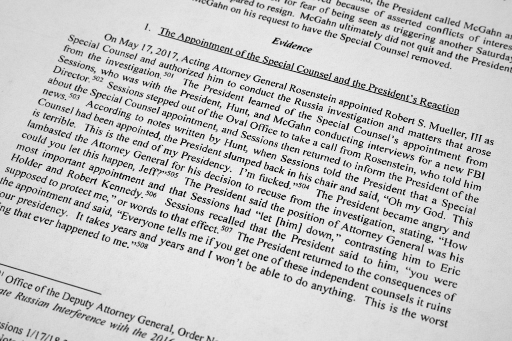 EDS NOTE: OBSCENITY - This portion of special counsel Robert Mueller's report on the investigation into Russian interference in the 2016 presidential election, released in Washington on Thursday, April 18, 2019, describes Mueller's appointment and President Donald Trump's reaction to it. Trump’s legal team, through an unlikely combination of bluster, legal precedent and a decision to sharply shift tactics, protected their client from a perilous in-person interview and those lawyers took a victory lap this week when a redacted version of special counsel Robert Mueller findings was published,(AP Photo/Jon Elswick)