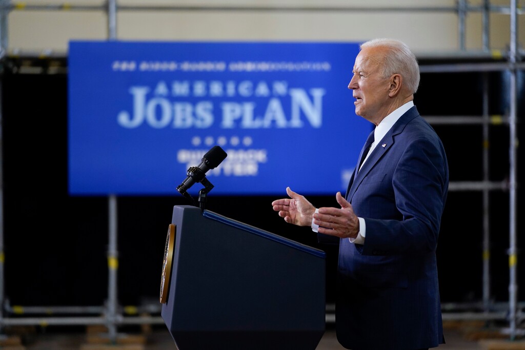 (Evan Vucci | AP) President Joe Biden delivers a speech on infrastructure spending at Carpenters Pittsburgh Training Center, Wednesday, March 31, 2021, in Pittsburgh.