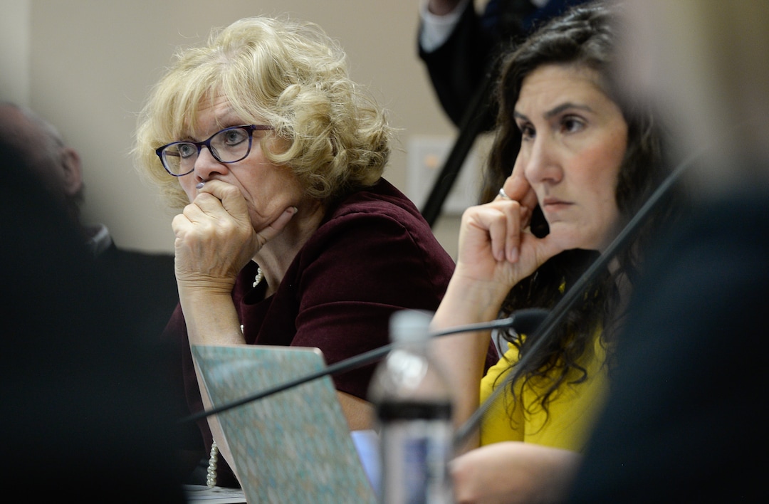 (Francisco Kjolseth  |  The Salt Lake Tribune) Salt Lake County Council members Ann Granato, left, and Shireen Ghorbani listen as mayors from Herriman, Riverton and  Bluffdale, go before the council on Tuesday, Jan. 28, 2020, to express their opposition to Olympia Hills, a high-density development proposed outside of Herriman.