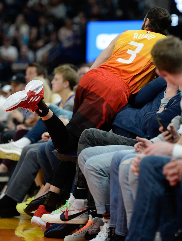 (Francisco Kjolseth  |  The Salt Lake Tribune)   Utah Jazz guard Ricky Rubio (3) finds himself in the crowd chasing down a ball against the Thunder in the second half of the NBA game at Vivint Smart Home Arena Sat., Dec. 22, 2018, in Salt Lake City.