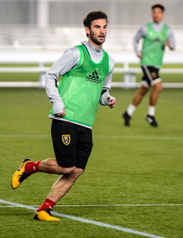 (Steve Griffin  |  The Salt Lake Tribune) RSL's Kyle Beckerman practices with the team at the new Zions Bank Real Academy indoor facility in Herriman Tuesday January 23, 2018.