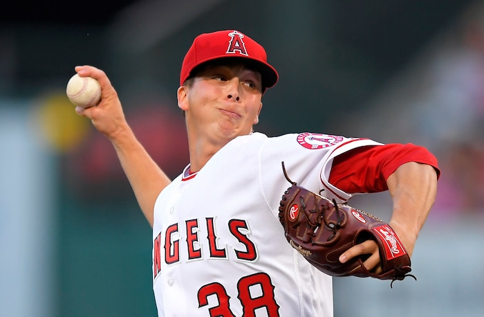 Los Angeles Angels starting pitcher Troy Scribner throws during the first inning of the team's baseball game against the Oakland Athletics, Friday, Aug. 4, 2017, in Anaheim, Calif. (AP Photo/Mark J. Terrill)