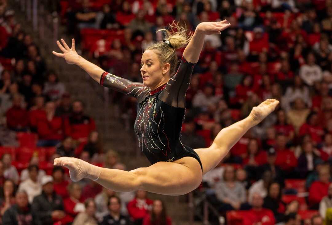 (Rick Egan | The Salt Lake Tribune)  Jaylene Gilatrap performs on the floor, in gymnastics action between Utah  Red Rocks and Oregon State, at the Jon M. Huntsman Center, on Friday, Feb. 2, 2024.