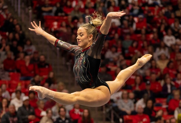 (Rick Egan | The Salt Lake Tribune)  Jaylene Gilatrap performs on the floor, in gymnastics action between Utah  Red Rocks and Oregon State, at the Jon M. Huntsman Center, on Friday, Feb. 2, 2024.