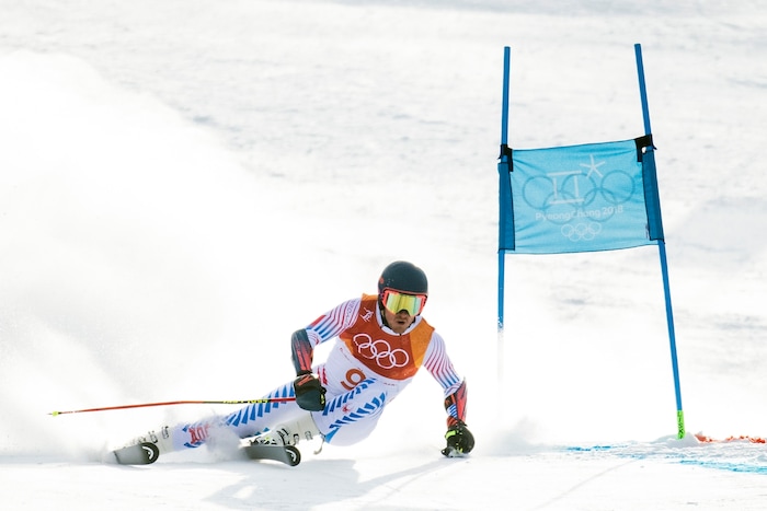 (Chris Detrick  |  The Salt Lake Tribune) Park City's Ted Ligety competes in the Men's Giant Slalom Run 1 during the Pyeongchang 2018 Winter Olympics Sunday, Feb. 18, 2018. Ligety finished this run in 20th place with a time of 1:10.71.