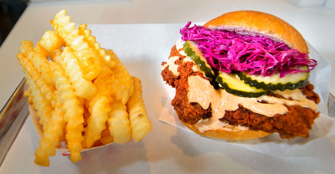(Steve Griffin  |  The Salt Lake Tribune)  The chicken sandwich combo at Pretty Bird, a new Nashville-style hot chicken restaurant on Regent Street, in Salt Lake City Monday April 23, 2018.