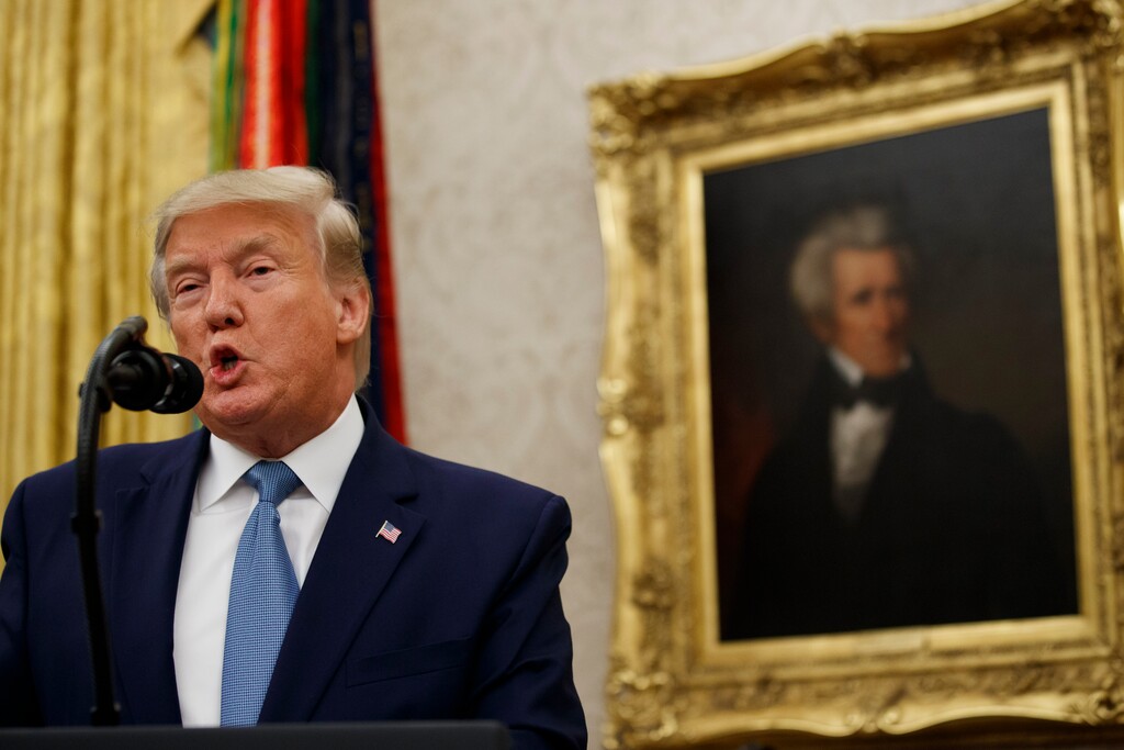 (Alex Brandon | AP) President Donald Trump speaks during a ceremony to present the Presidential Medal of Freedom to former Attorney General Edwin Meese, in the Oval Office of the White House, Tuesday, Oct. 8, 2019, in Washington.
