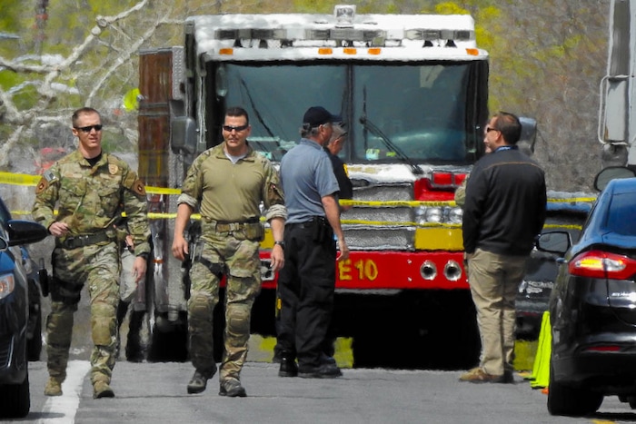 (Trent Nelson | The Salt Lake Tribune)  
Law enforcement at the scene after an incident where a man barricaded himself in a house on Princeton Avenue near 1100 East in Salt Lake City, Wednesday April 18, 2018.