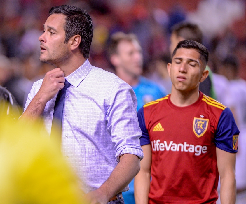 Leah Hogsten  |  The Salt Lake Tribune  Real Salt Lake head coach Mike Petke and Real Salt Lake midfielder Sebastian Saucedo (23) react to the 2-1 loss to the Portland Timbers, Saturday, May 4, 2019 at Rio Tinto Stadium in Salt Lake City.