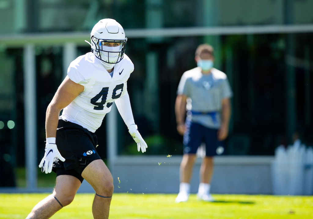 (Photo courtesy of Jaren Wilkey | BYU) Payton Wilgar during BYU football practice in Provo, Aug. 7, 2020.
