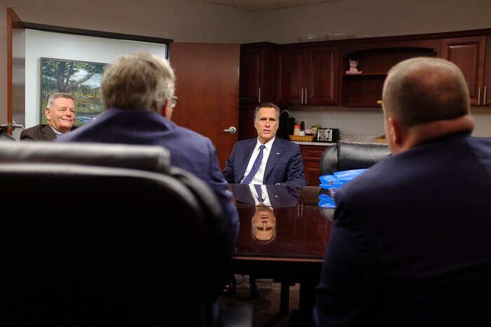 (Trent Nelson | The Salt Lake Tribune)
Senator Mitt Romney meets with Weber County Comissioners in Ogden to discuss the ongoing government shutdown on Friday Jan. 18, 2019. From left, Commissioner Scott Jenkins, Commissioner Gage Froerer, Romney, and Commissioner James Harvey.